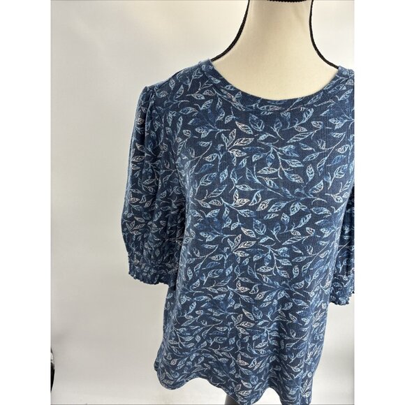 Lucky Brand Womens Size L Blue Floral Print Top Elbow Sleeve Boho Casual Shirt - Picture 2 of 6